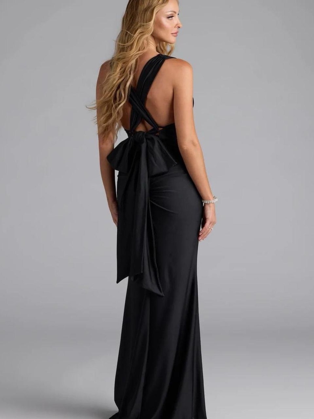 Windsor Black Plunging V-Neck Prom Gown with High Thigh Slit - Picture 2 of 4